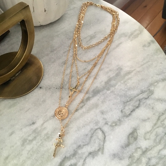 Rose, Coin, and Cross Layered Gold Necklace - Picture 6 of 8